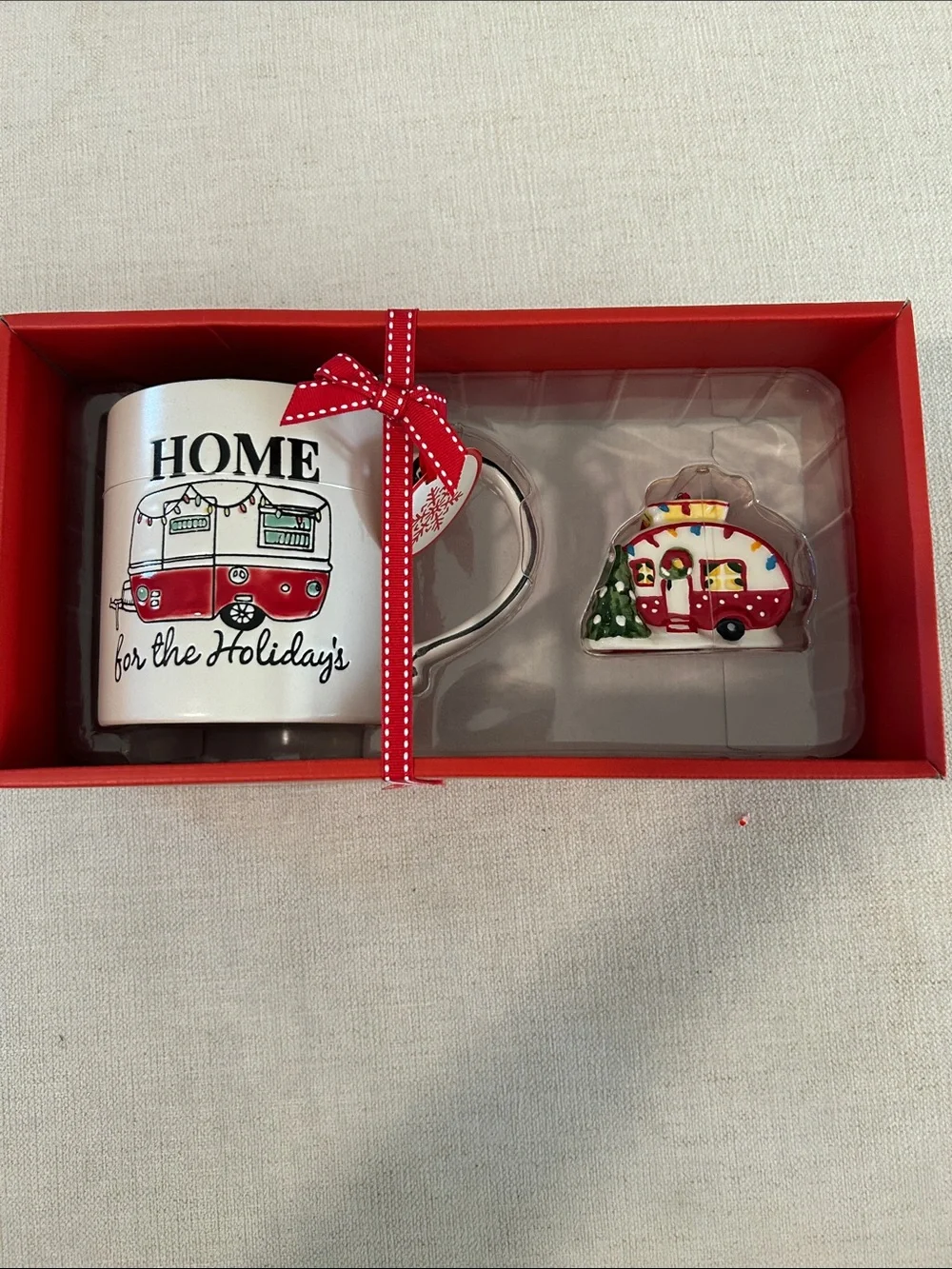Spectrum Christmas RV CAMP Mug & Matching Ornament Holiday Gift Box Set Blue NWT
